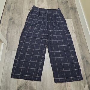 Masai Linen And Viscose Blend Wide Leg Navy Plaid Pants